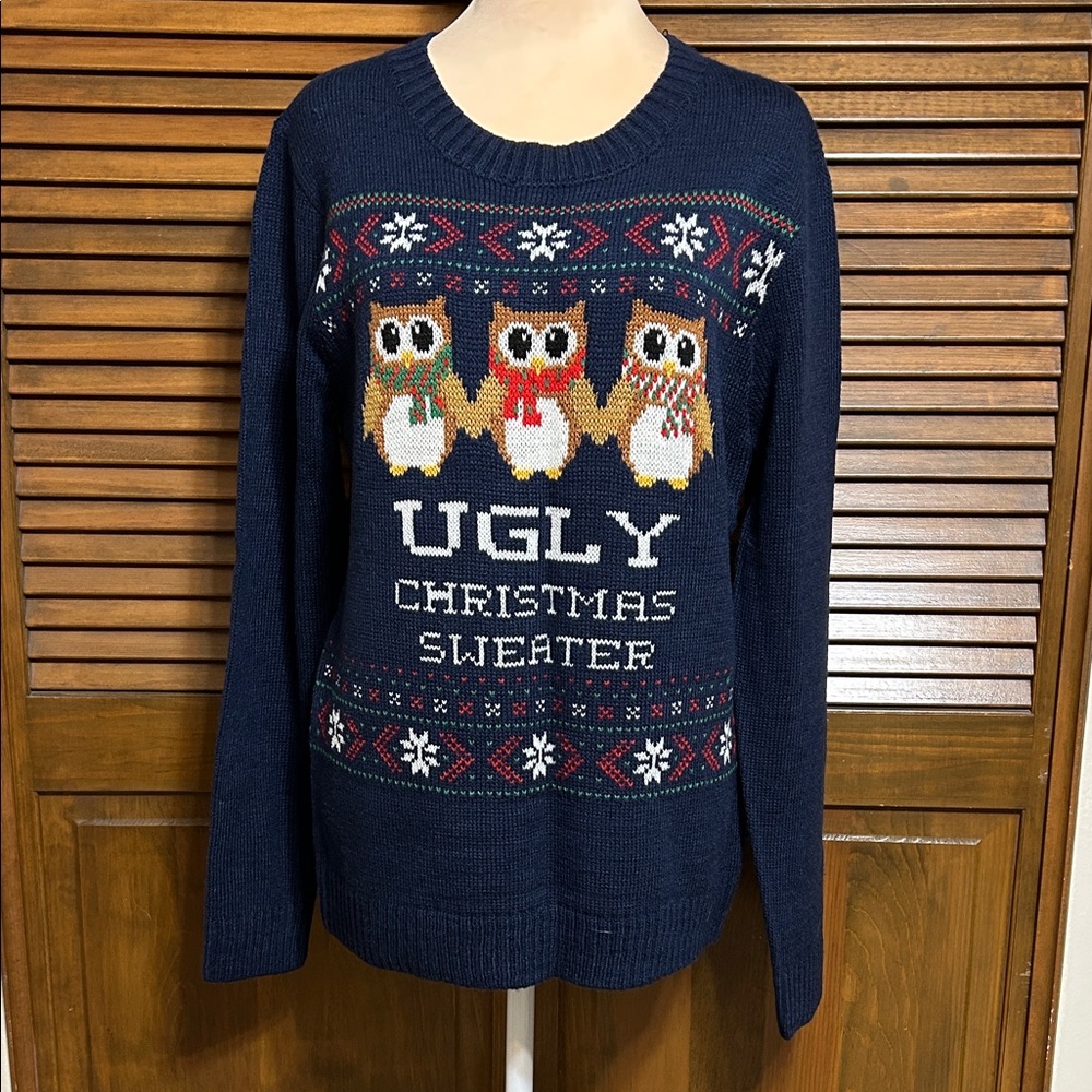 Self Esteem 3 Owls Ugly Christmas Holiday Party Navy Sweater Size XL